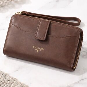 Tahari Brown Leather Wristlet Wallet